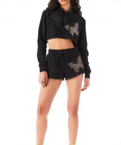 CARMAR SWEATSHIRTS RHINESTONE BUTTERFLY CROPPED HOODIE