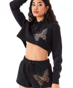 CARMAR SWEATSHIRTS RHINESTONE BUTTERFLY CROPPED HOODIE
