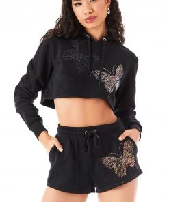 CARMAR SWEATSHIRTS RHINESTONE BUTTERFLY CROPPED HOODIE