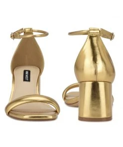 Nine West Gretal Ankle Strap Block Heel Sandals Metallic Mindset