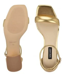 Nine West Gretal Ankle Strap Block Heel Sandals Metallic Mindset